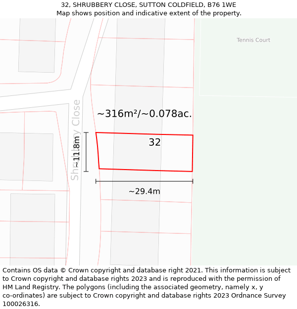 32, SHRUBBERY CLOSE, SUTTON COLDFIELD, B76 1WE: Plot and title map