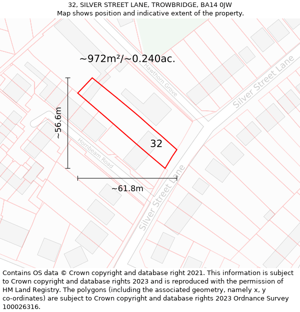 32, SILVER STREET LANE, TROWBRIDGE, BA14 0JW: Plot and title map