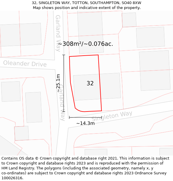 32, SINGLETON WAY, TOTTON, SOUTHAMPTON, SO40 8XW: Plot and title map