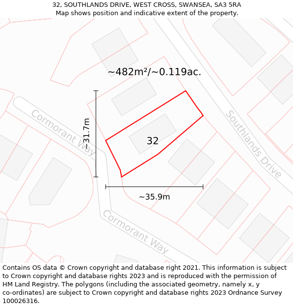 32, SOUTHLANDS DRIVE, WEST CROSS, SWANSEA, SA3 5RA: Plot and title map