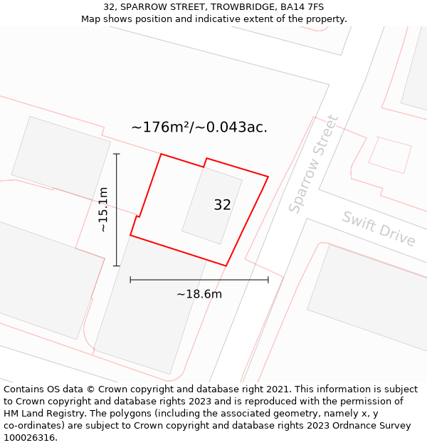 32, SPARROW STREET, TROWBRIDGE, BA14 7FS: Plot and title map