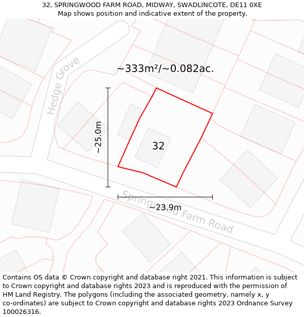 32, SPRINGWOOD FARM ROAD, MIDWAY, SWADLINCOTE, DE11 0XE: Plot and title map