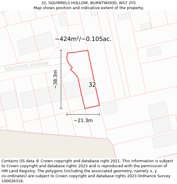 32, SQUIRRELS HOLLOW, BURNTWOOD, WS7 2YS: Plot and title map