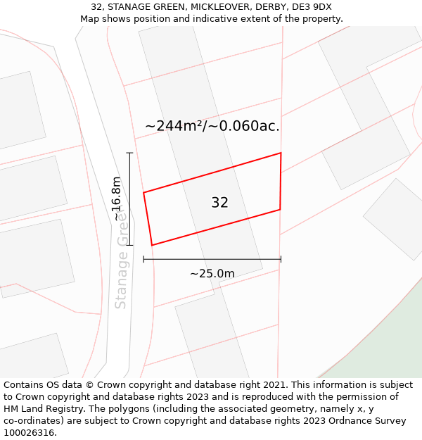 32, STANAGE GREEN, MICKLEOVER, DERBY, DE3 9DX: Plot and title map