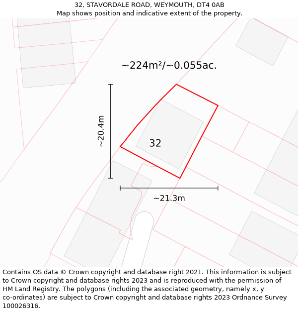 32, STAVORDALE ROAD, WEYMOUTH, DT4 0AB: Plot and title map