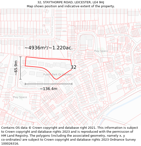 32, STAYTHORPE ROAD, LEICESTER, LE4 9HJ: Plot and title map