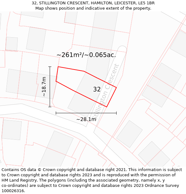 32, STILLINGTON CRESCENT, HAMILTON, LEICESTER, LE5 1BR: Plot and title map