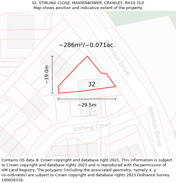 32, STIRLING CLOSE, MAIDENBOWER, CRAWLEY, RH10 7UZ: Plot and title map