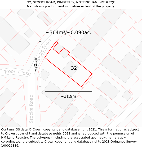 32, STOCKS ROAD, KIMBERLEY, NOTTINGHAM, NG16 2QF: Plot and title map