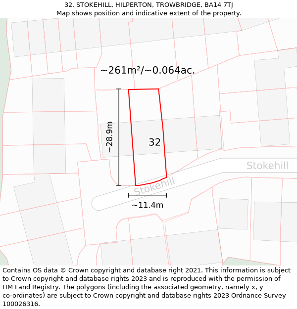 32, STOKEHILL, HILPERTON, TROWBRIDGE, BA14 7TJ: Plot and title map