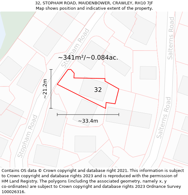 32, STOPHAM ROAD, MAIDENBOWER, CRAWLEY, RH10 7JF: Plot and title map