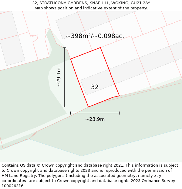 32, STRATHCONA GARDENS, KNAPHILL, WOKING, GU21 2AY: Plot and title map