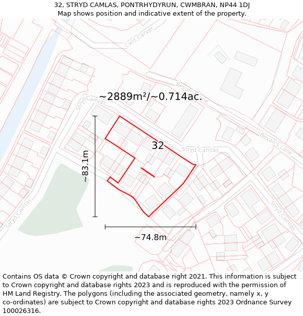 32, STRYD CAMLAS, PONTRHYDYRUN, CWMBRAN, NP44 1DJ: Plot and title map