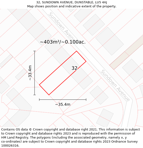 32, SUNDOWN AVENUE, DUNSTABLE, LU5 4AJ: Plot and title map