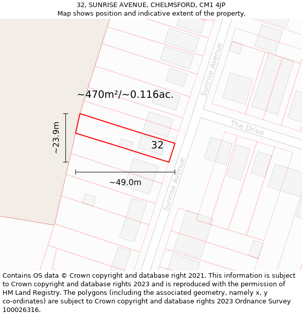 32, SUNRISE AVENUE, CHELMSFORD, CM1 4JP: Plot and title map