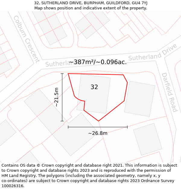 32, SUTHERLAND DRIVE, BURPHAM, GUILDFORD, GU4 7YJ: Plot and title map