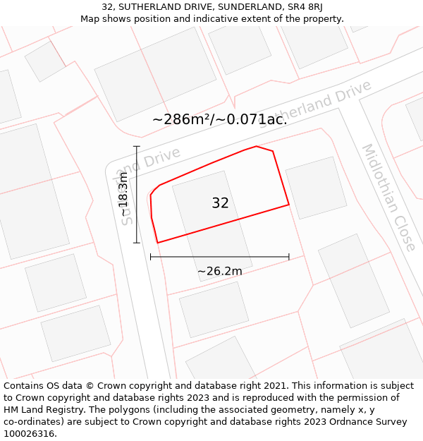 32, SUTHERLAND DRIVE, SUNDERLAND, SR4 8RJ: Plot and title map