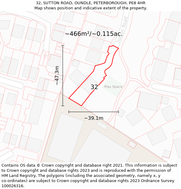 32, SUTTON ROAD, OUNDLE, PETERBOROUGH, PE8 4HR: Plot and title map