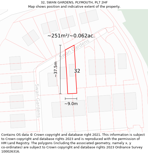 32, SWAN GARDENS, PLYMOUTH, PL7 2HF: Plot and title map