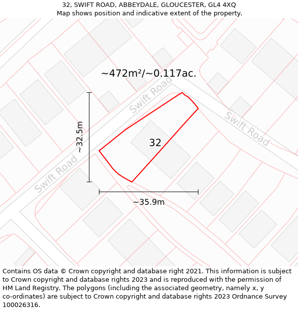 32, SWIFT ROAD, ABBEYDALE, GLOUCESTER, GL4 4XQ: Plot and title map