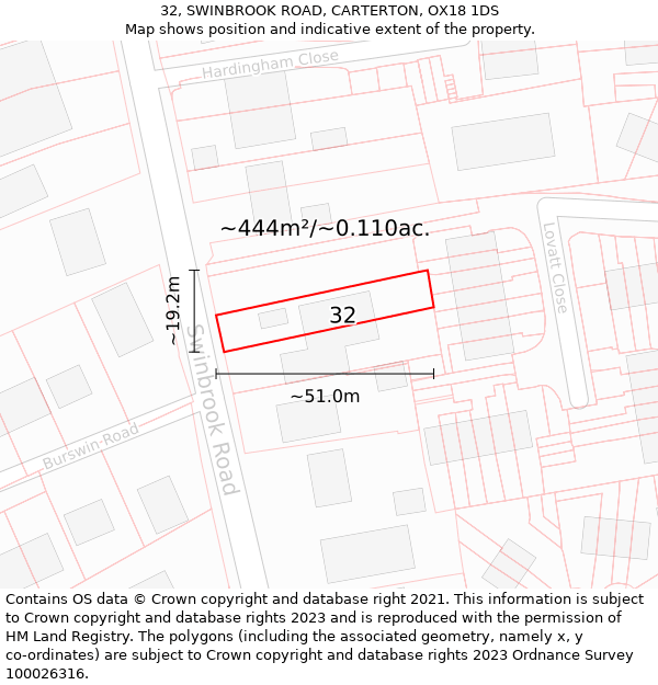 32, SWINBROOK ROAD, CARTERTON, OX18 1DS: Plot and title map