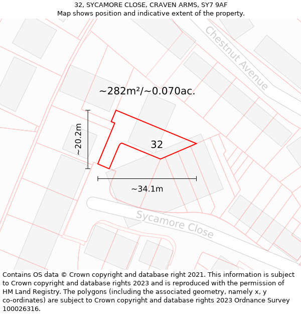 32, SYCAMORE CLOSE, CRAVEN ARMS, SY7 9AF: Plot and title map