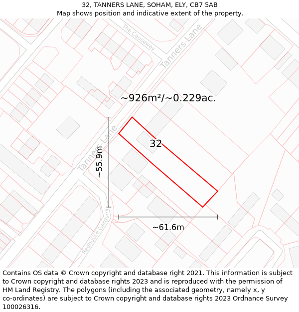 32, TANNERS LANE, SOHAM, ELY, CB7 5AB: Plot and title map