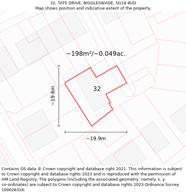 32, TATE DRIVE, BIGGLESWADE, SG18 8UD: Plot and title map