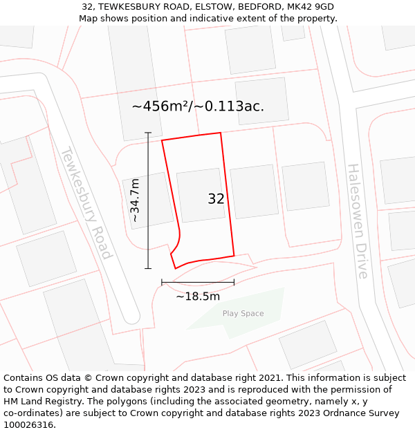 32, TEWKESBURY ROAD, ELSTOW, BEDFORD, MK42 9GD: Plot and title map