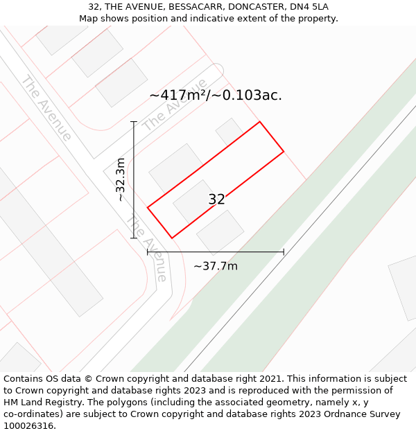 32, THE AVENUE, BESSACARR, DONCASTER, DN4 5LA: Plot and title map