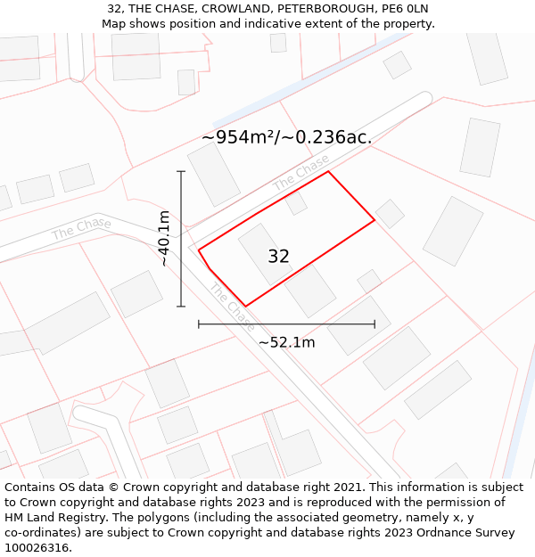 32, THE CHASE, CROWLAND, PETERBOROUGH, PE6 0LN: Plot and title map