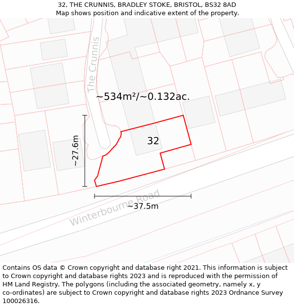 32, THE CRUNNIS, BRADLEY STOKE, BRISTOL, BS32 8AD: Plot and title map