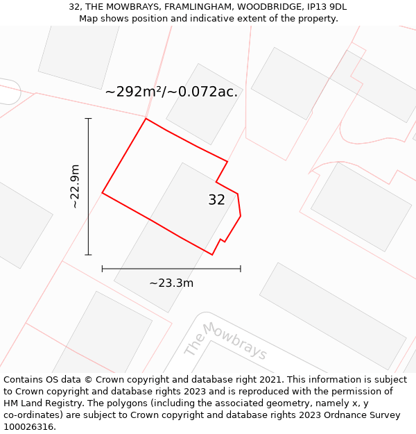 32, THE MOWBRAYS, FRAMLINGHAM, WOODBRIDGE, IP13 9DL: Plot and title map