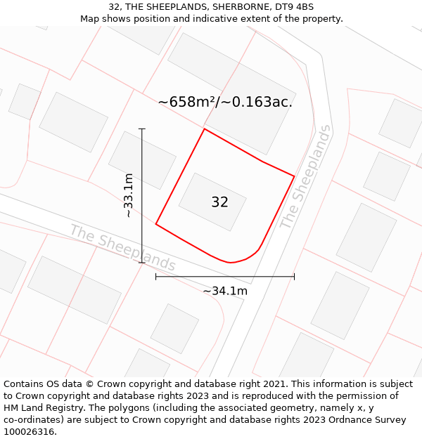 32, THE SHEEPLANDS, SHERBORNE, DT9 4BS: Plot and title map