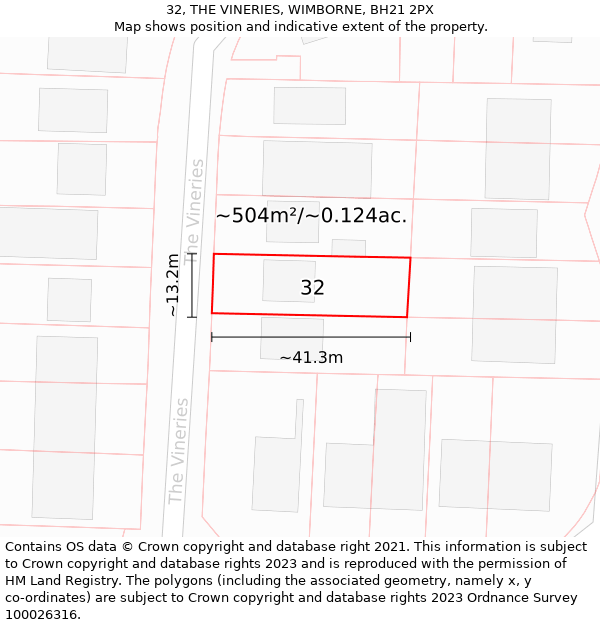 32, THE VINERIES, WIMBORNE, BH21 2PX: Plot and title map