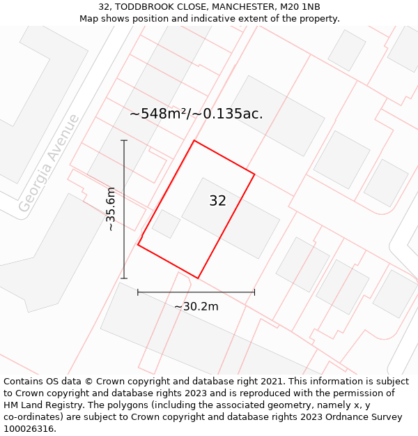 32, TODDBROOK CLOSE, MANCHESTER, M20 1NB: Plot and title map