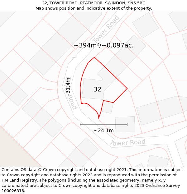 32, TOWER ROAD, PEATMOOR, SWINDON, SN5 5BG: Plot and title map