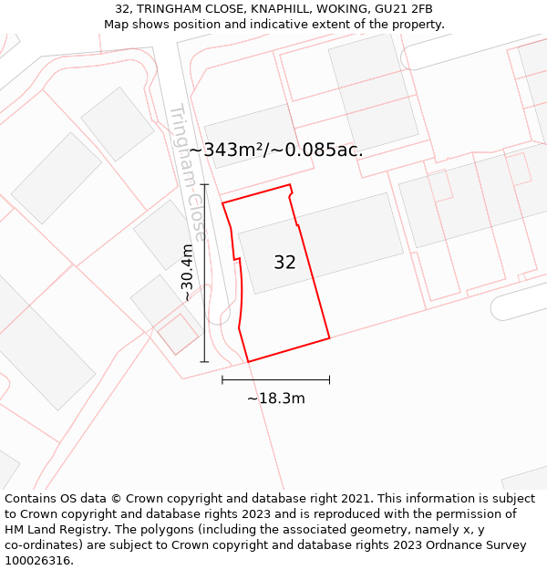 32, TRINGHAM CLOSE, KNAPHILL, WOKING, GU21 2FB: Plot and title map