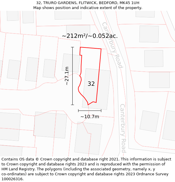 32, TRURO GARDENS, FLITWICK, BEDFORD, MK45 1UH: Plot and title map