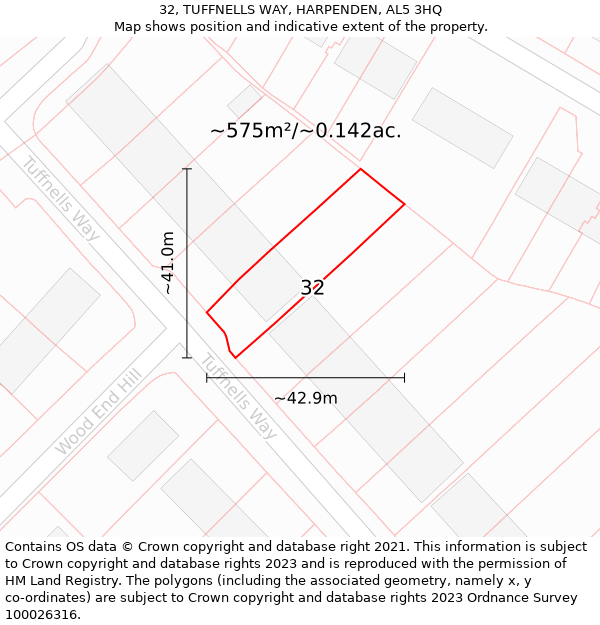 32, TUFFNELLS WAY, HARPENDEN, AL5 3HQ: Plot and title map