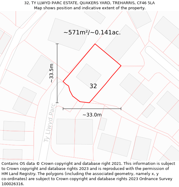 32, TY LLWYD PARC ESTATE, QUAKERS YARD, TREHARRIS, CF46 5LA: Plot and title map