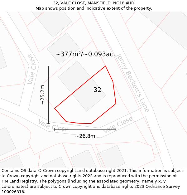 32, VALE CLOSE, MANSFIELD, NG18 4HR: Plot and title map