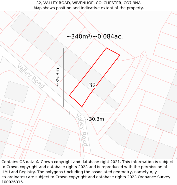 32, VALLEY ROAD, WIVENHOE, COLCHESTER, CO7 9NA: Plot and title map