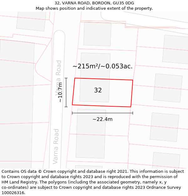 32, VARNA ROAD, BORDON, GU35 0DG: Plot and title map