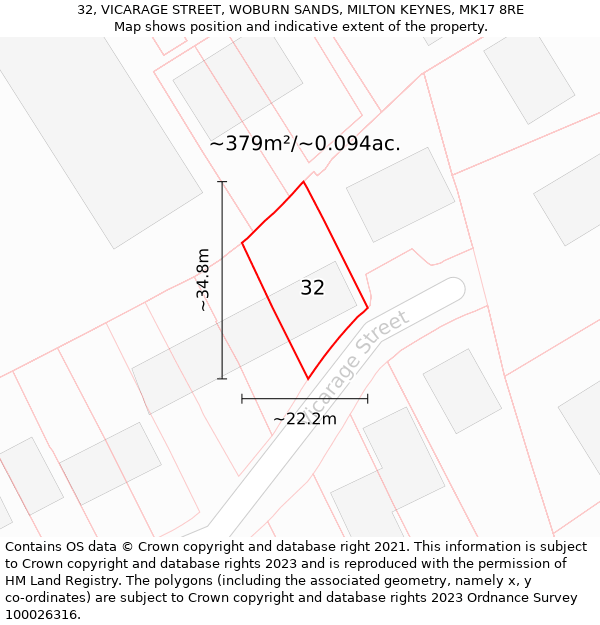 32, VICARAGE STREET, WOBURN SANDS, MILTON KEYNES, MK17 8RE: Plot and title map