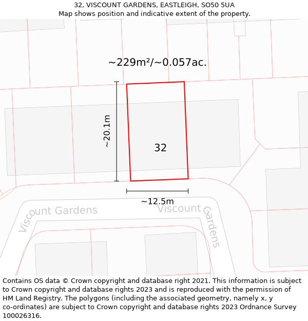 32, VISCOUNT GARDENS, EASTLEIGH, SO50 5UA: Plot and title map