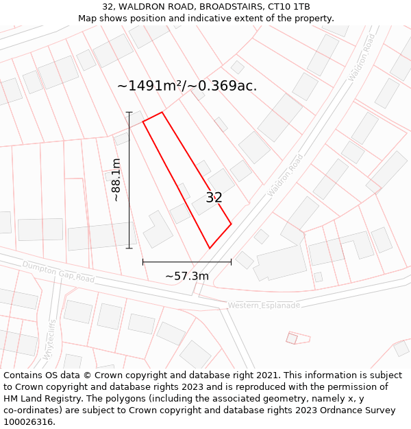 32, WALDRON ROAD, BROADSTAIRS, CT10 1TB: Plot and title map