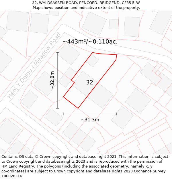 32, WALDSASSEN ROAD, PENCOED, BRIDGEND, CF35 5LW: Plot and title map