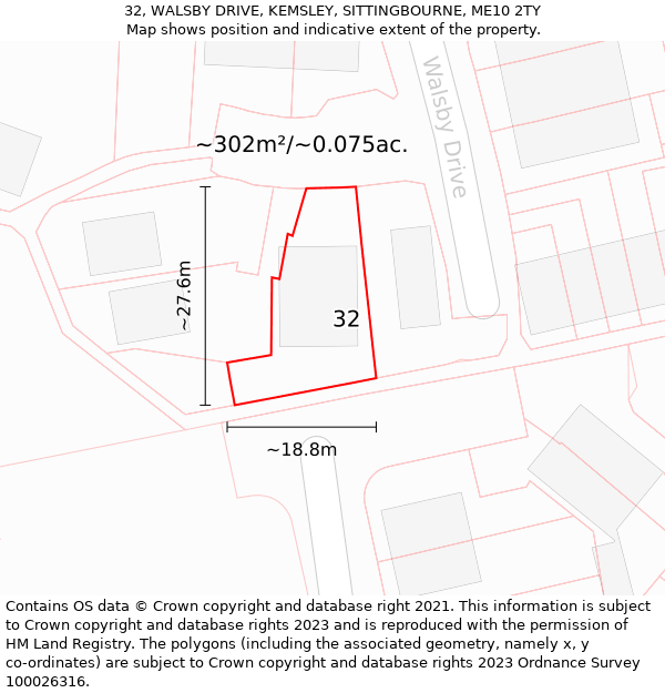 32, WALSBY DRIVE, KEMSLEY, SITTINGBOURNE, ME10 2TY: Plot and title map