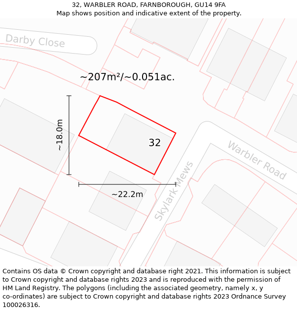 32, WARBLER ROAD, FARNBOROUGH, GU14 9FA: Plot and title map